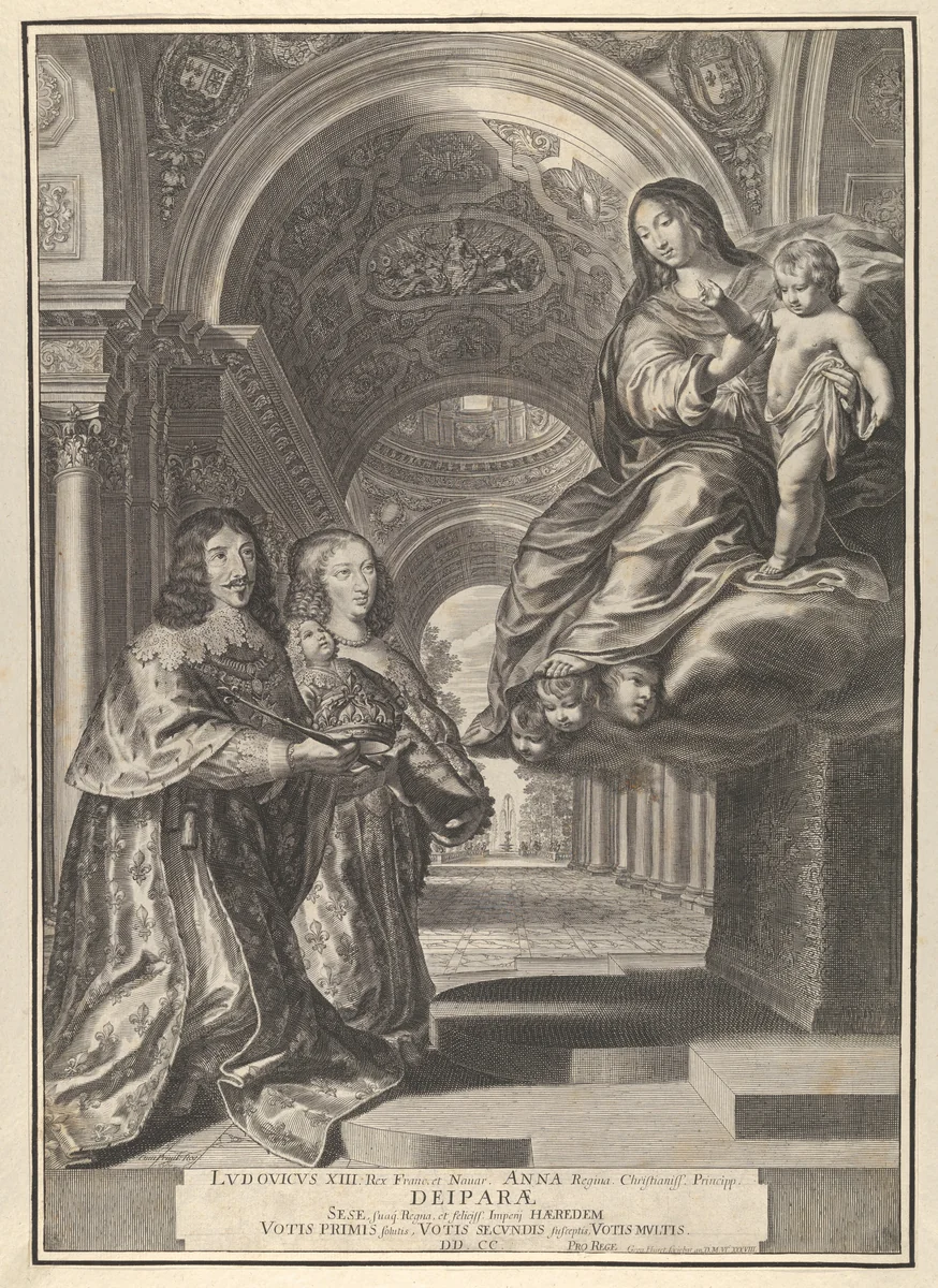 Louis XIII and Anne of Austria Presenting the Dauphin to the Virgin by Grégoire Huret, print, 1638