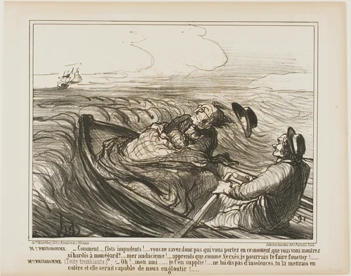 Mr. Prudhomme: “- Obnoxious waves.... don't you know whom you are carrying in this moment?... oh audacious... know I shall, like Xerxes, whip you terribly.” Mme Prudhomme: (shivering of fear) “- Pray, my dear friend, do not offend the sea any longer... you might wake its fury and it might devour us completely!,” plate 1 from Impressions nautiques by Honoré-Victorin Daumier, print, 1859