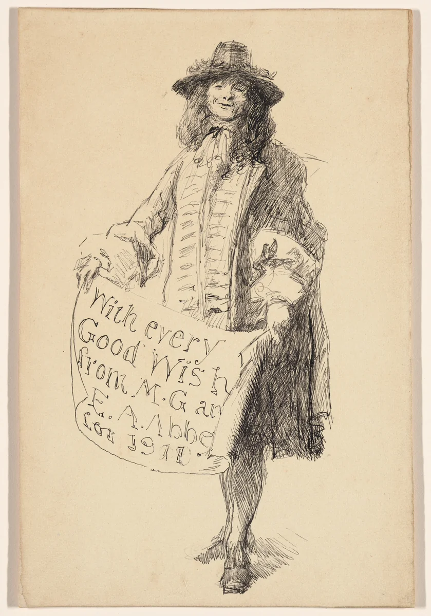 Man in seventeenth-century dress holding a scroll: With every Good Wish from M. G. and E. A. Abbey for 1911 by Edwin Austin Abbey, drawing, 1911