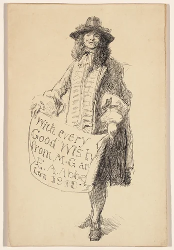 Man in seventeenth-century dress holding a scroll: With every Good Wish from M. G. and E. A. Abbey for 1911 by Edwin Austin Abbey, drawing, 1911