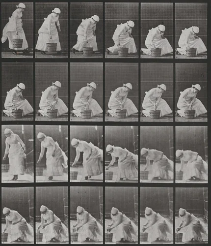 Plate Number 438. Setting down a bucket and preparing to scrub by Eadweard Muybridge, photograph, 1887