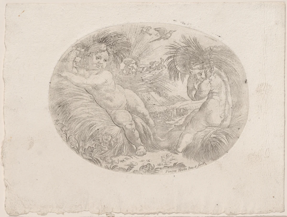 Putto at left reclining on sheaves of wheat, another at right carrying a sheave over his shoulder, an allegory of the seasons (Summer), an oval composition by anonymous, print, 1650-1680