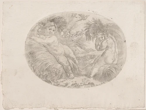 Putto at left reclining on sheaves of wheat, another at right carrying a sheave over his shoulder, an allegory of the seasons (Summer), an oval composition by anonymous, print, 1650-1680