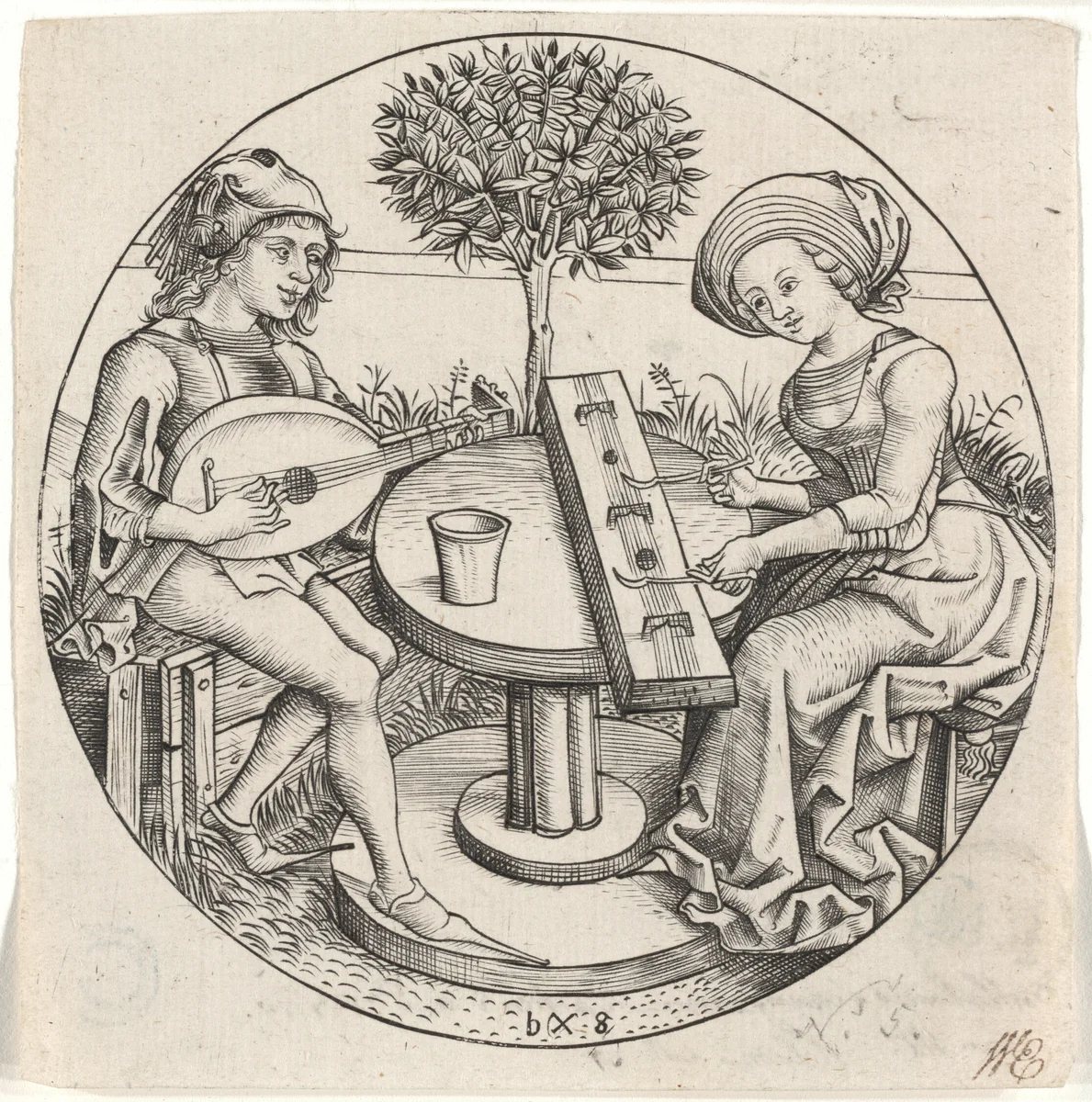 The Music Making Couple by Monogrammist b. g., print, 1470-1480