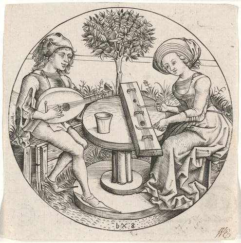 The Music Making Couple by Monogrammist b. g., print, 1470-1480