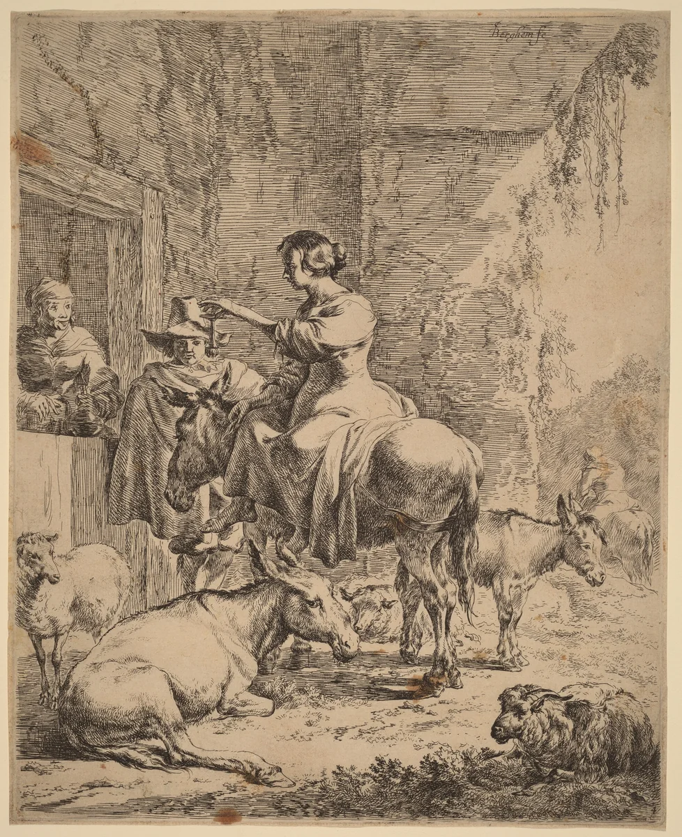 The Rest before the Inn by Nicolaes Pietersz Berchem, print, 1620-1683