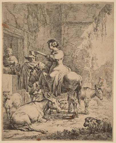 The Rest before the Inn by Nicolaes Pietersz Berchem, print, 1620-1683