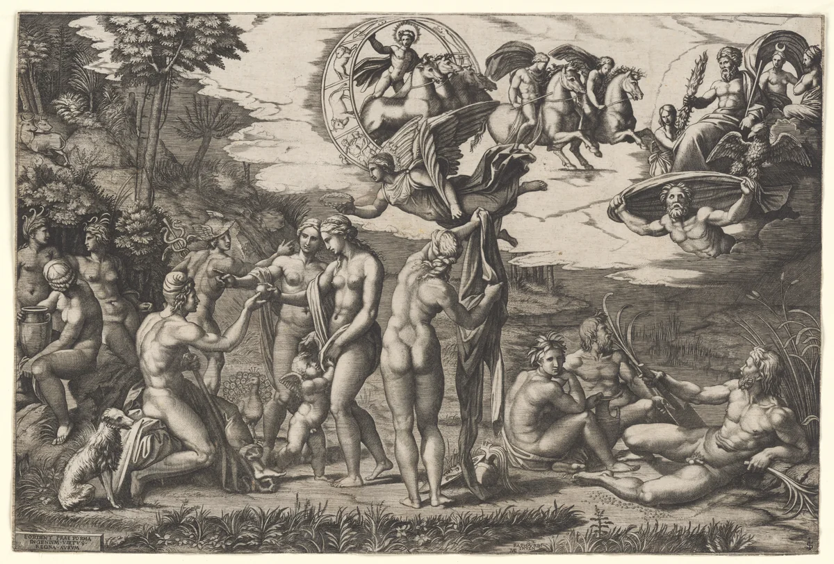 The Judgment of Paris: he is sitting at left with Venus, Juno and Pallas Athena, a winged victory above. In the upper section the Sun in his chariot preceeded by Castor and Pollux on horseback, at lower right two river gods and a naiad above whom Jupiter, an eagle, Ganymede, Diana and another goddess by Marcantonio Raimondi, print, 1500-1534