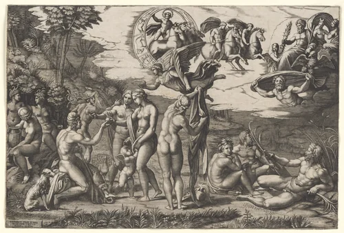 The Judgment of Paris: he is sitting at left with Venus, Juno and Pallas Athena, a winged victory above. In the upper section the Sun in his chariot preceeded by Castor and Pollux on horseback, at lower right two river gods and a naiad above whom Jupiter, an eagle, Ganymede, Diana and another goddess by Marcantonio Raimondi, print, 1500-1534