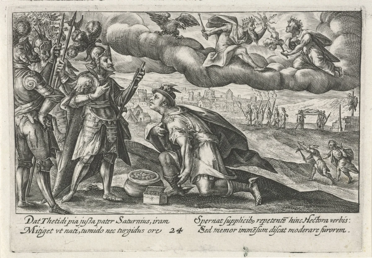Mercurius smeekt Achilles om het lichaam van Hector by Crispijn van de Passe, print, 1613