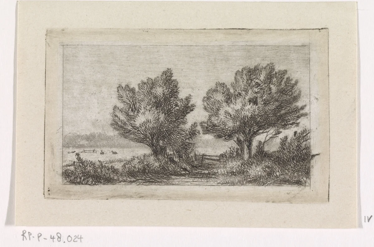 Bomen in een weidelandschap by Jacob Jan van der Maaten, print, 1851