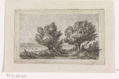Bomen in een weidelandschap by Jacob Jan van der Maaten, print, 1851