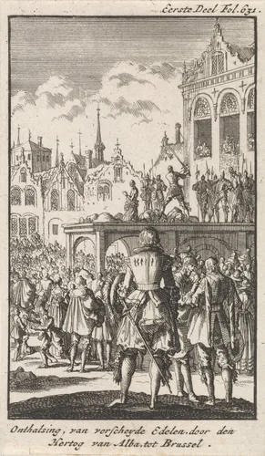 Onthoofding van de graven Egmond en Horne, 1567 by Jan Luyken, print, 1699