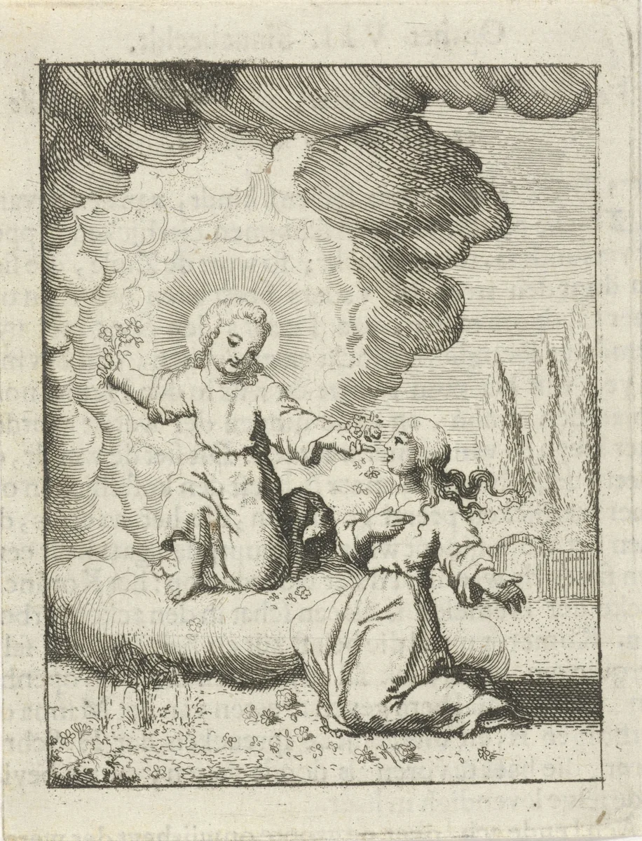 Gepersonifieerde ziel ontmoet Christus by Jan Luyken, print, 1678-1687