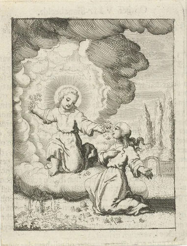 Gepersonifieerde ziel ontmoet Christus by Jan Luyken, print, 1678-1687