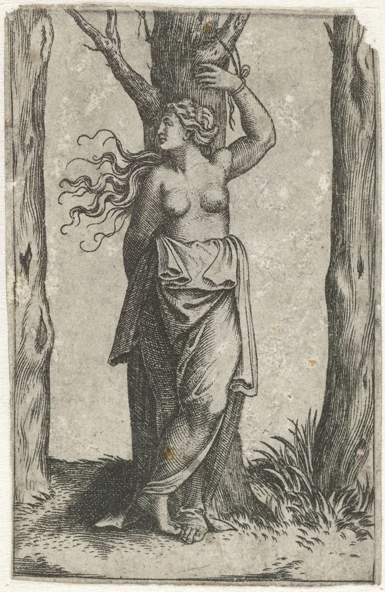 Heilige Agatha vastgebonden aan boom by anonymous, print, 1500-1575