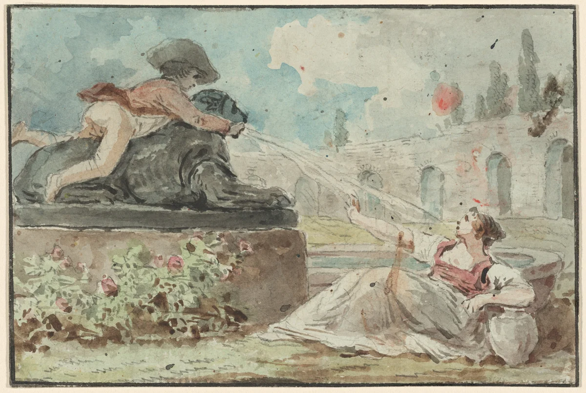 Couple by a Fountain by Hubert Robert, drawing, 1733-1808