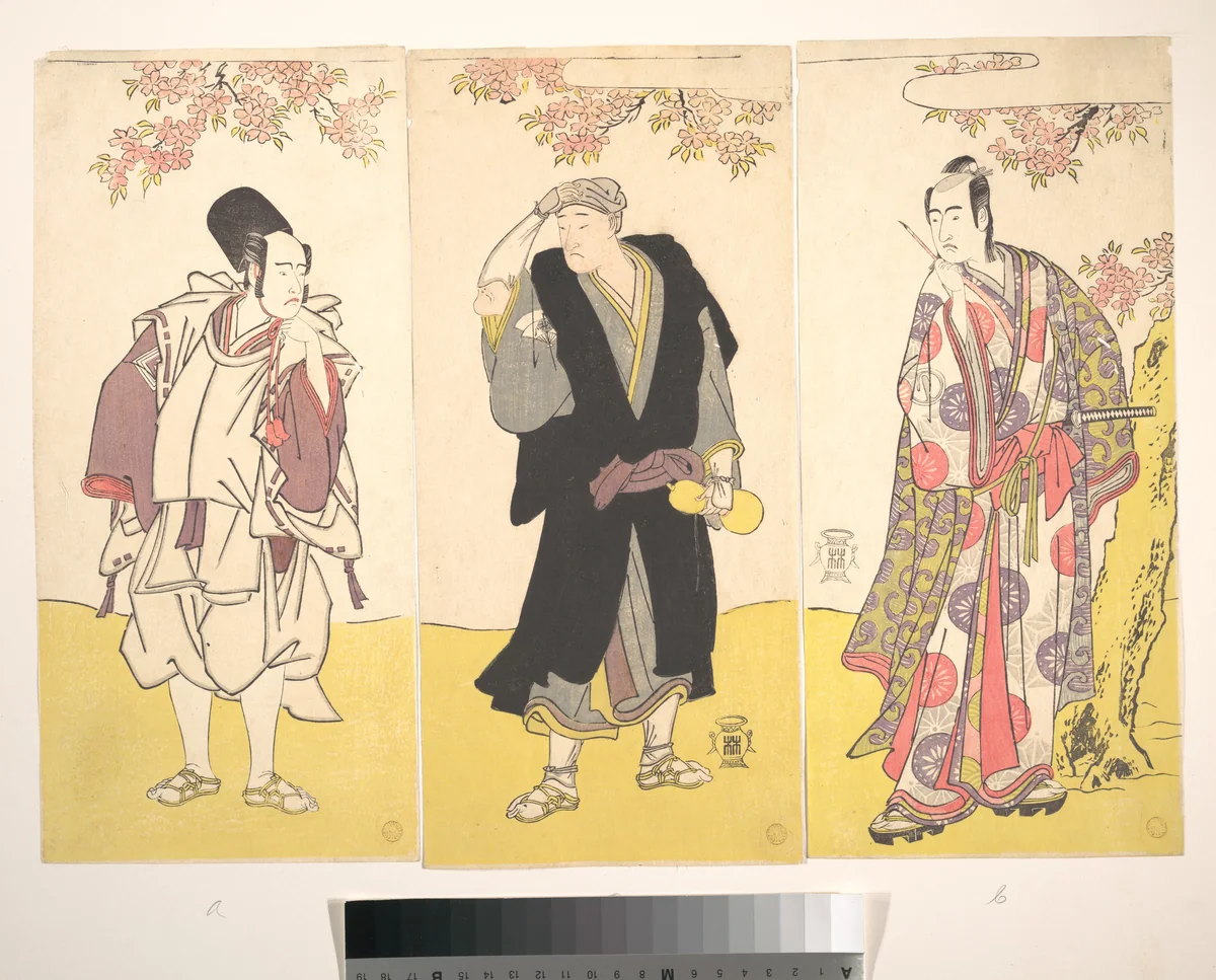 Kabuki Actors Ichikawa Yaozō III, Onoe Matsusuke I, and Sawamura Sōjūrō III by Katsukawa Shunshô (勝川春章), print, 1786