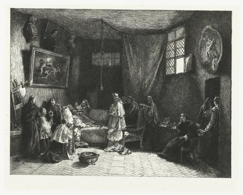 Sterfbed van Poussin in atelier by Félix Bracquemond, print, 1860-1870