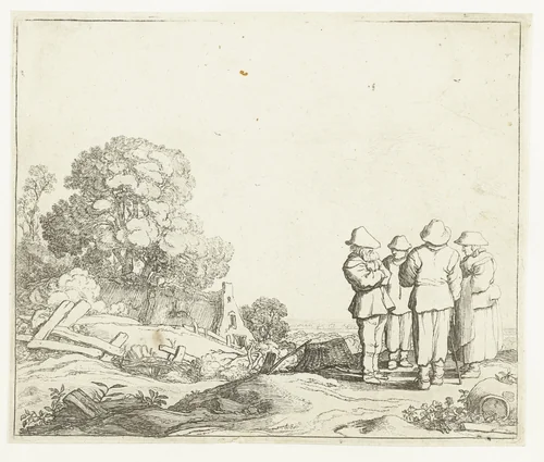 Landschap met drie boeren en een boerin by Pieter de Molijn, print, 1626