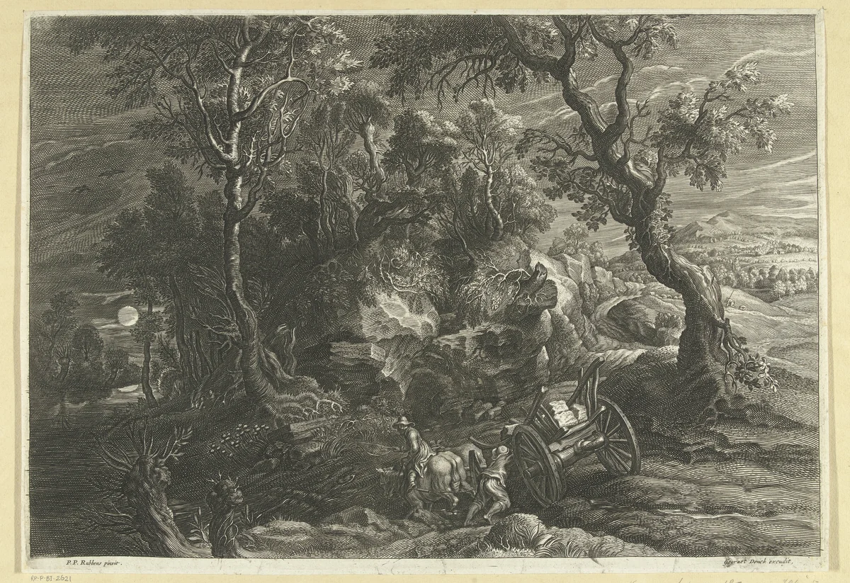 Landschap met vastgelopen wagen by anonymous, print, 1596-1709