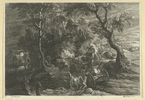 Landschap met vastgelopen wagen by anonymous, print, 1596-1709