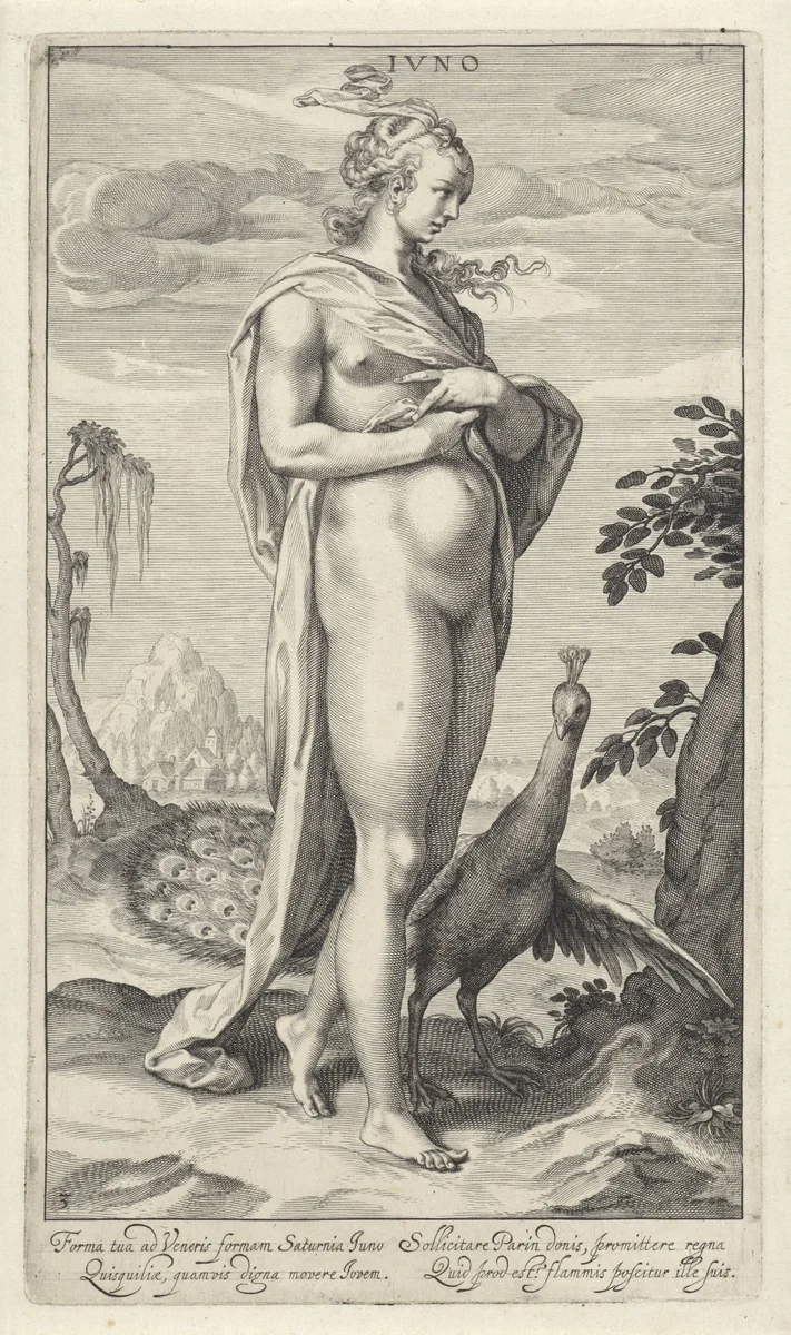 Juno met pauw by Willem Isaacsz. van Swanenburg, print, 1595-1612