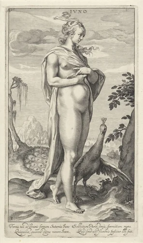 Juno met pauw by Willem Isaacsz. van Swanenburg, print, 1595-1612