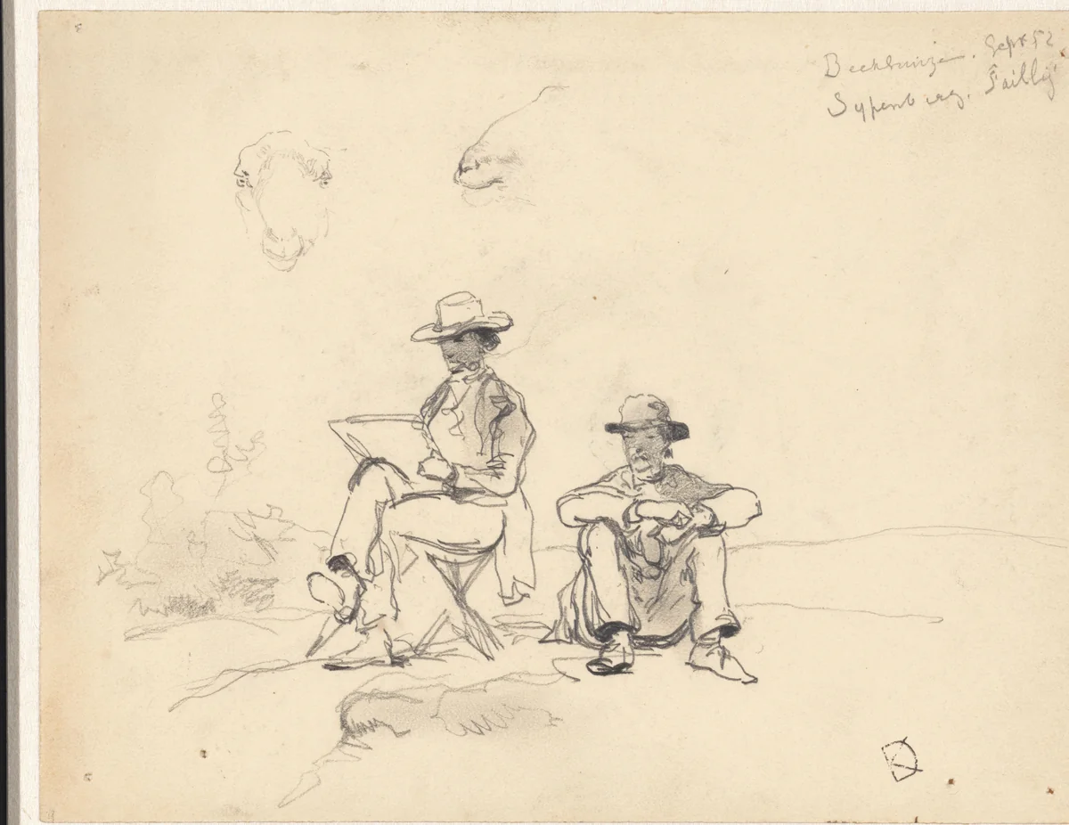 Twee kunstenaars, waarvan één tekenend, in landschap zittend bij Beekhuizen en Zypenberg bij Arnhem by Johan Daniël Koelman, drawing, 1852