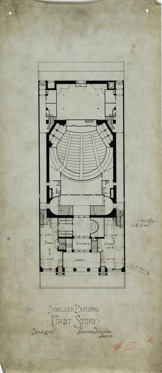 Schiller Building Rental Plans, Chicago, Illinois, Plan by Louis H. Sullivan
Dankmar Adler, drawing, 1890-1895