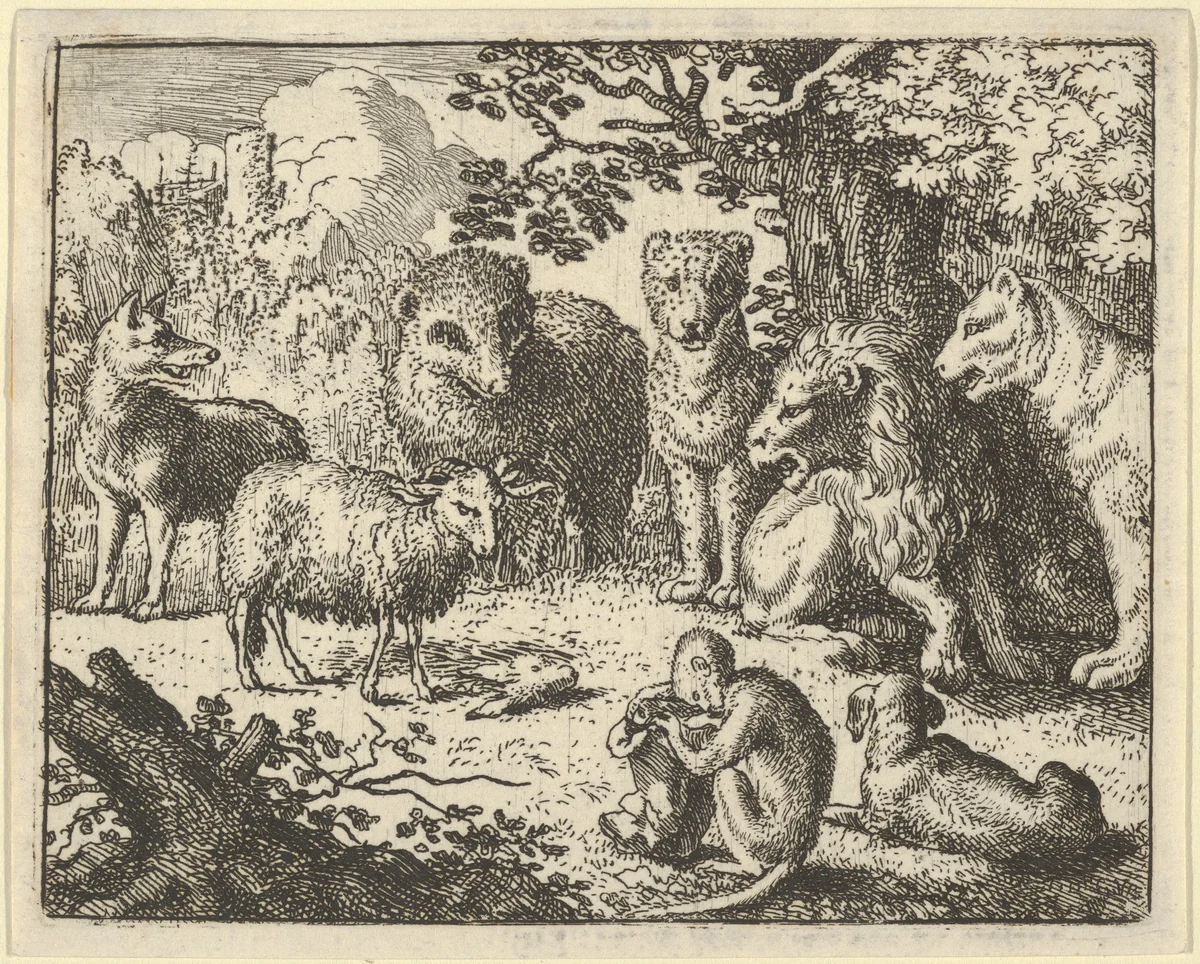 The Monkey Opens the Package and Removes the Rabbit's Head to the Great Surprise of the Animals from Hendrick van Alcmar's Renard The Fox by Allart van Everdingen, print, 1650-1675