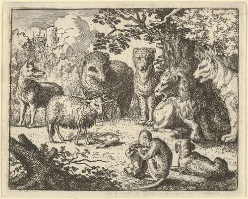 The Monkey Opens the Package and Removes the Rabbit's Head to the Great Surprise of the Animals from Hendrick van Alcmar's Renard The Fox by Allart van Everdingen, print, 1650-1675