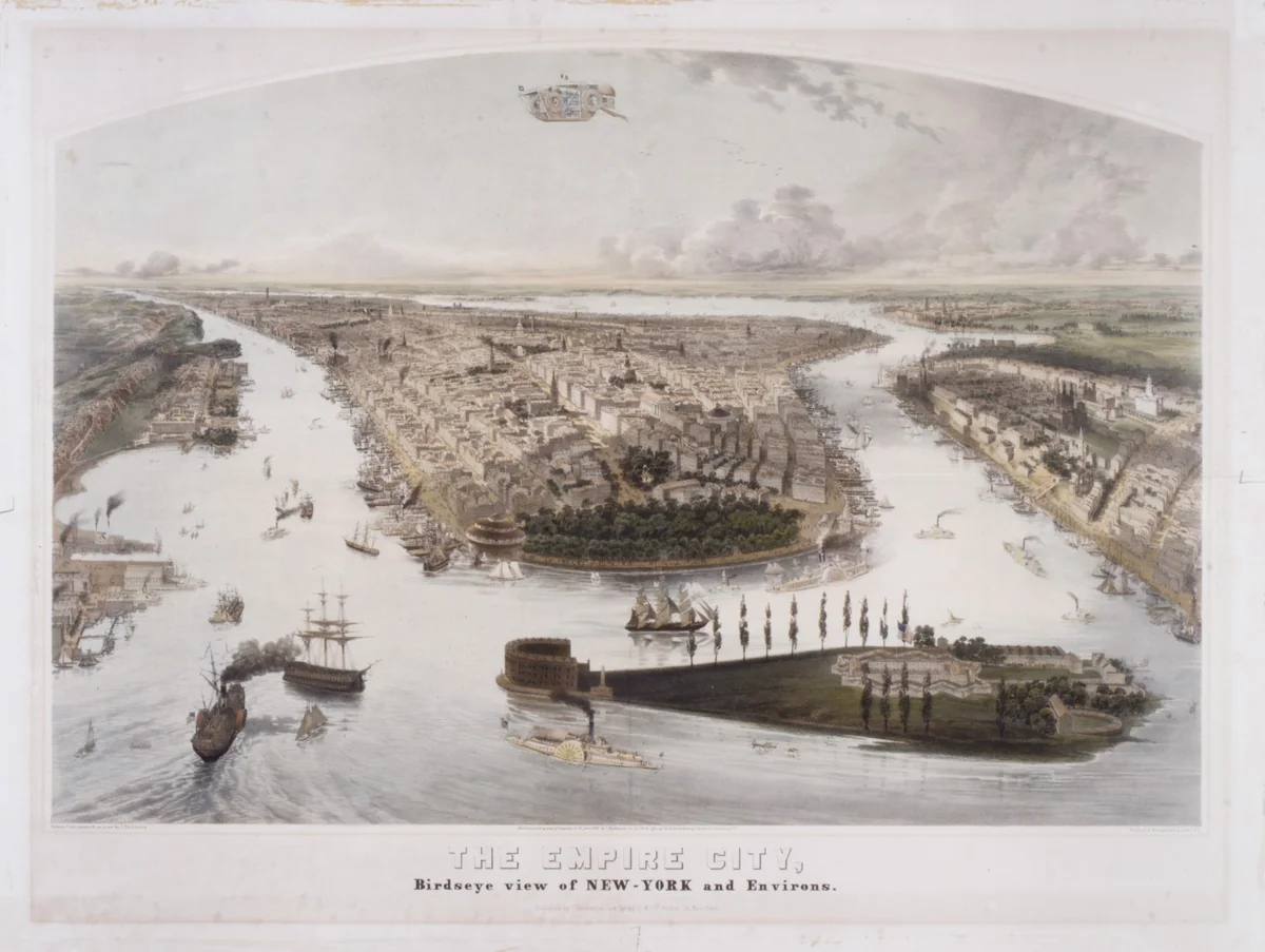 The Empire City, Birdseye View of New York and Environs by John Bachmann, print, 1855