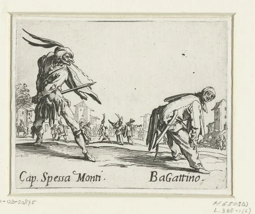 Twee straatartiesten als Capitano Spessa Monti en Bagattino by Jacques Callot, print, 1621-1622