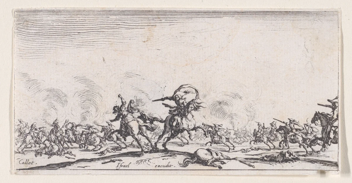 Le Combat au Pistolet (The Combat with Pistols), from "Les Combats de Cavalerie" (The Cavalry Combats) by Jacques Callot, print, 1632-1634