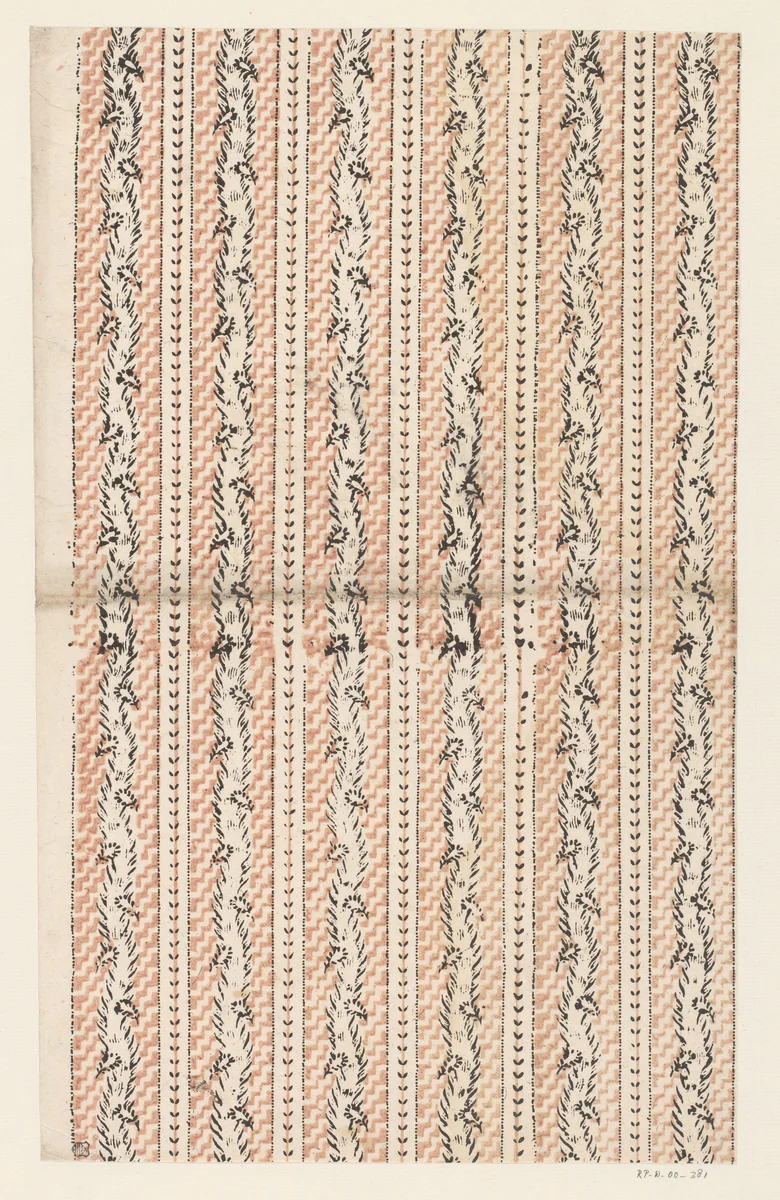 Blad met banenpatroon van slingerende band met takjes op een fond met trapmotief en rechte ranken by anonymous, other, 1700-1850