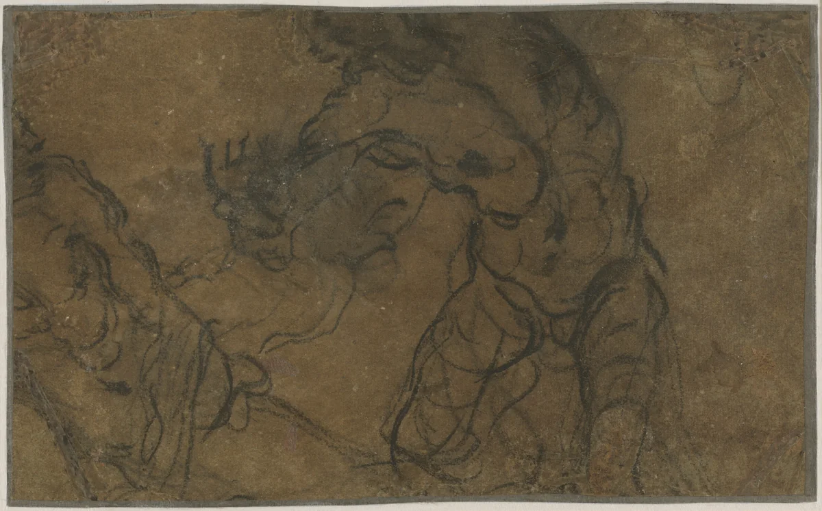 Two Male Figures in Motion (verso) by Domenico Tintoretto, drawing, 1598-1605