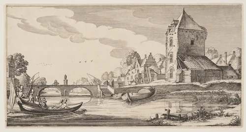 Village on a River, from Landscapes (Playsante Lantschappen) by Claes Jansz. Visscher II, print, 1641