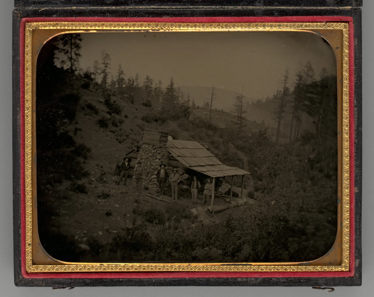 Untitled (Miners and Log Cabin) by Unknown maker, photograph, 1856