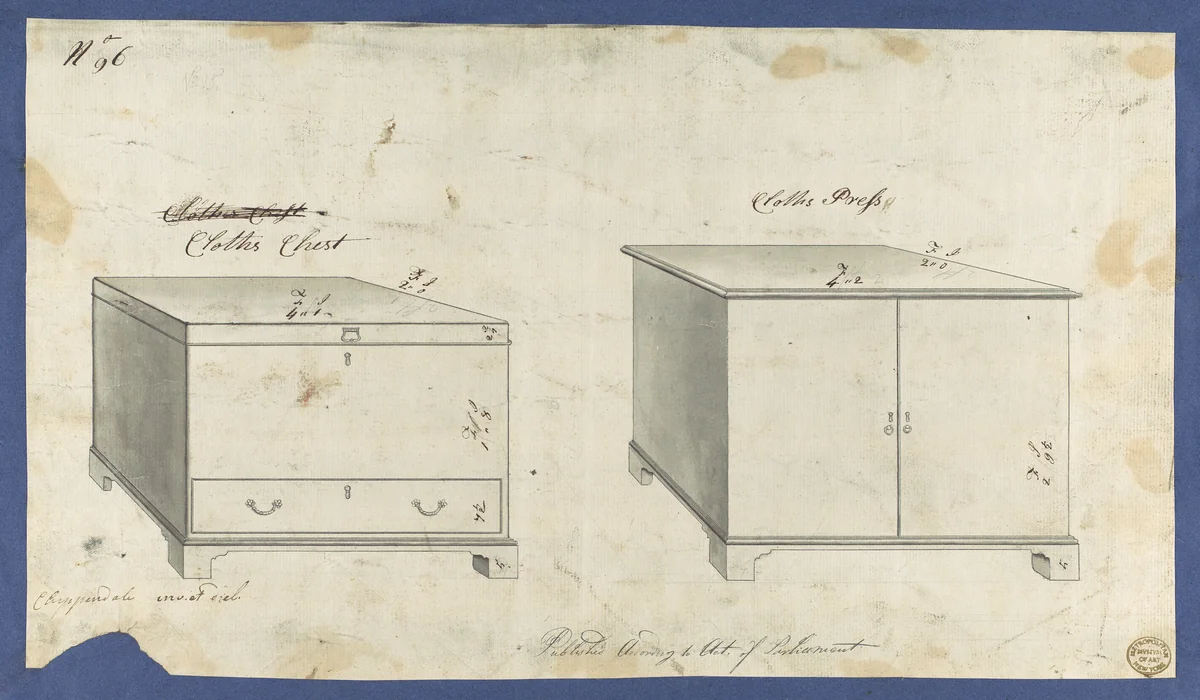 Clothes Chest and Clothes Press, from Chippendale Drawings, Vol. II by Thomas Chippendale, drawing, 1754