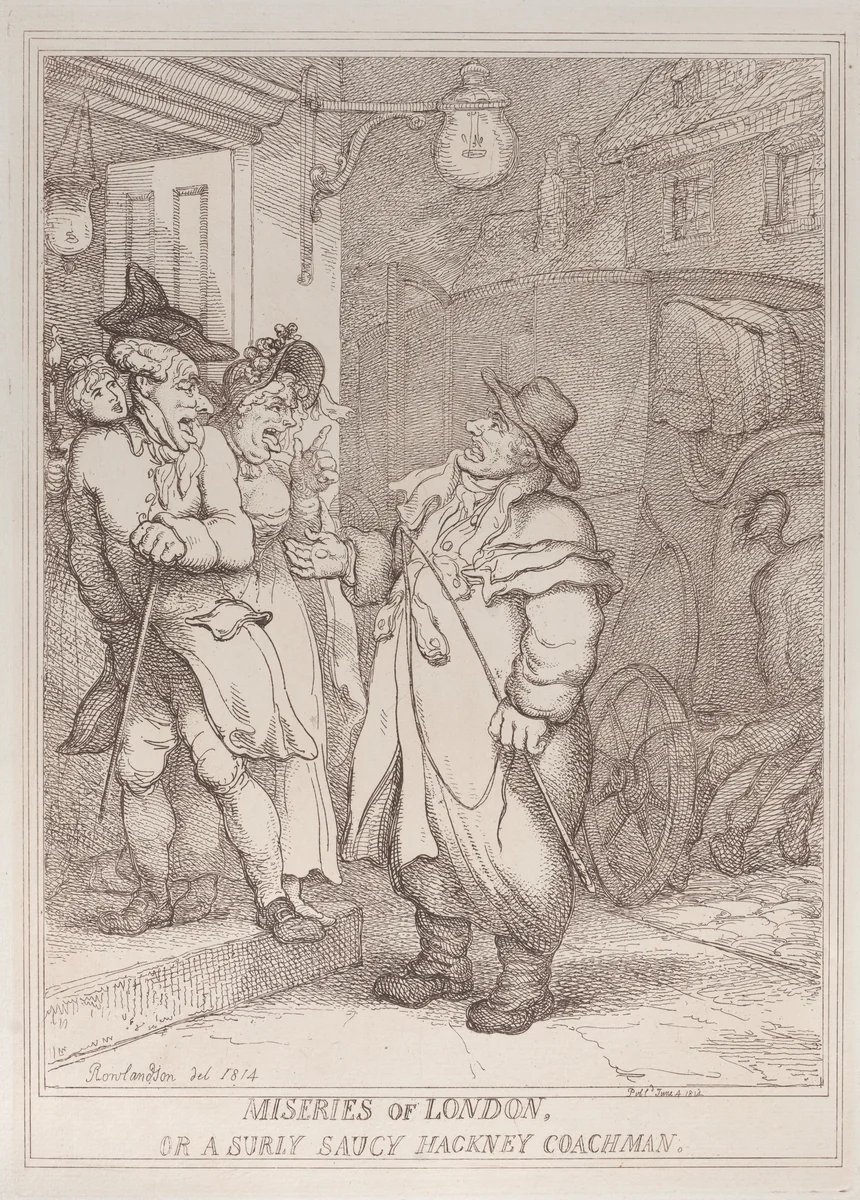 Miseries of London, or a Surly Saucy Hackney Coachman by Thomas Rowlandson, print, 1814