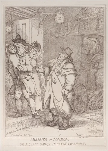 Miseries of London, or a Surly Saucy Hackney Coachman by Thomas Rowlandson, print, 1814