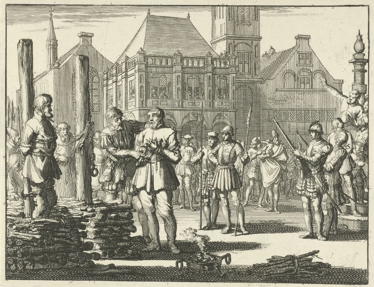 Pieter Pietersz. Bekjen met een lotgenoot aan de staak gebonden, wordt vanaf de stoep van de Waag aangemoedigd door Willem Jansz., 1569 by Jan Luyken, print, 1693