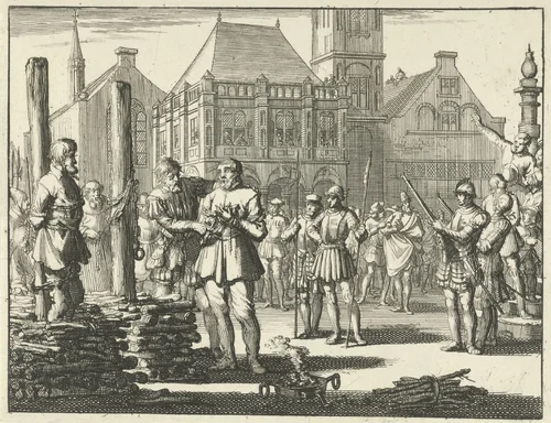 Pieter Pietersz. Bekjen met een lotgenoot aan de staak gebonden, wordt vanaf de stoep van de Waag aangemoedigd door Willem Jansz., 1569 by Jan Luyken, print, 1693