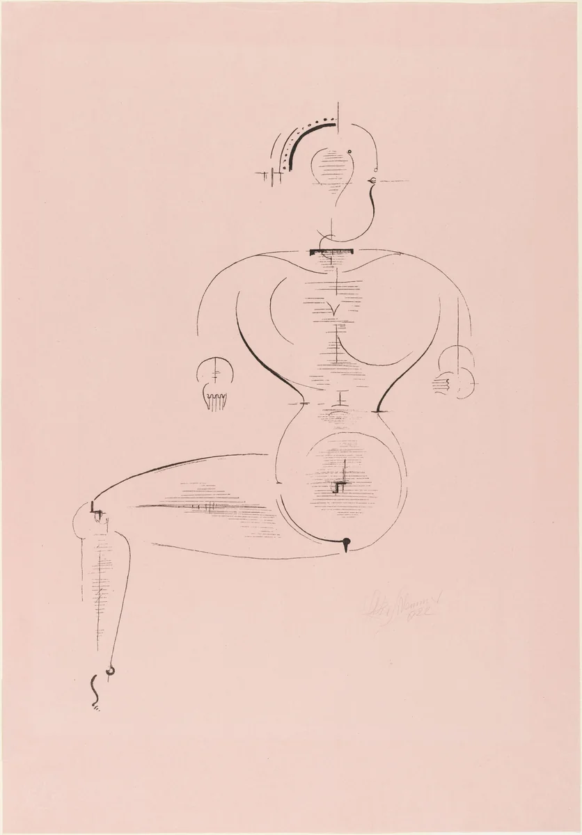 Figure from the Side: Figure H2 Seated (Figur von der Seite: Figur H2 Sitzende) from the portfolio New European Graphics, 1st Portfolio: Masters of the State Bauhaus, Weimar (Neue europäische Graphik, 1. Mappe: Meister des Staatl. Bauhauses in Weimar) by Oskar Schlemmer, print, 1922