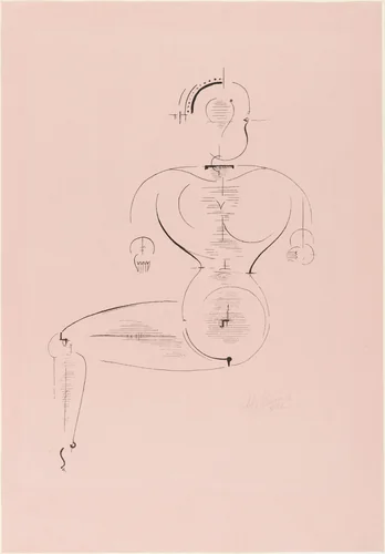 Figure from the Side: Figure H2 Seated (Figur von der Seite: Figur H2 Sitzende) from the portfolio New European Graphics, 1st Portfolio: Masters of the State Bauhaus, Weimar (Neue europäische Graphik, 1. Mappe: Meister des Staatl. Bauhauses in Weimar) by Oskar Schlemmer, print, 1922