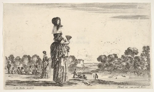 A lady standing in center holding a fan watching the bathers in the river to right, other ladies and men watching bathers to left in the background, from "Various figures and lands" (Diverse figure e paesi) by Stefano della Bella, print, 1649