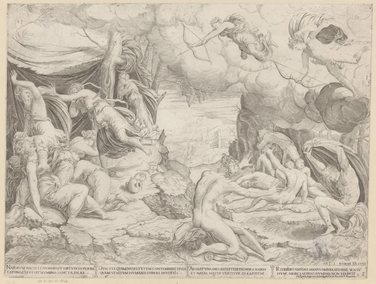 Apollo en Diana doden de kinderen van Niobe by anonymous, print, 1541