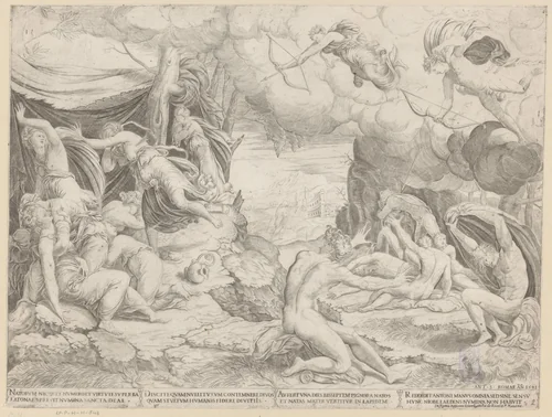 Apollo en Diana doden de kinderen van Niobe by anonymous, print, 1541