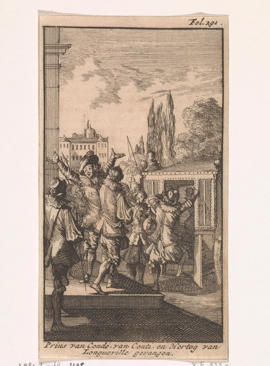 Arrestatie van Henri II d'Orléans, hertog van Longueville en Louis II de Bourbon, prins van Conde, 1650 by Caspar Luyken, print, 1699